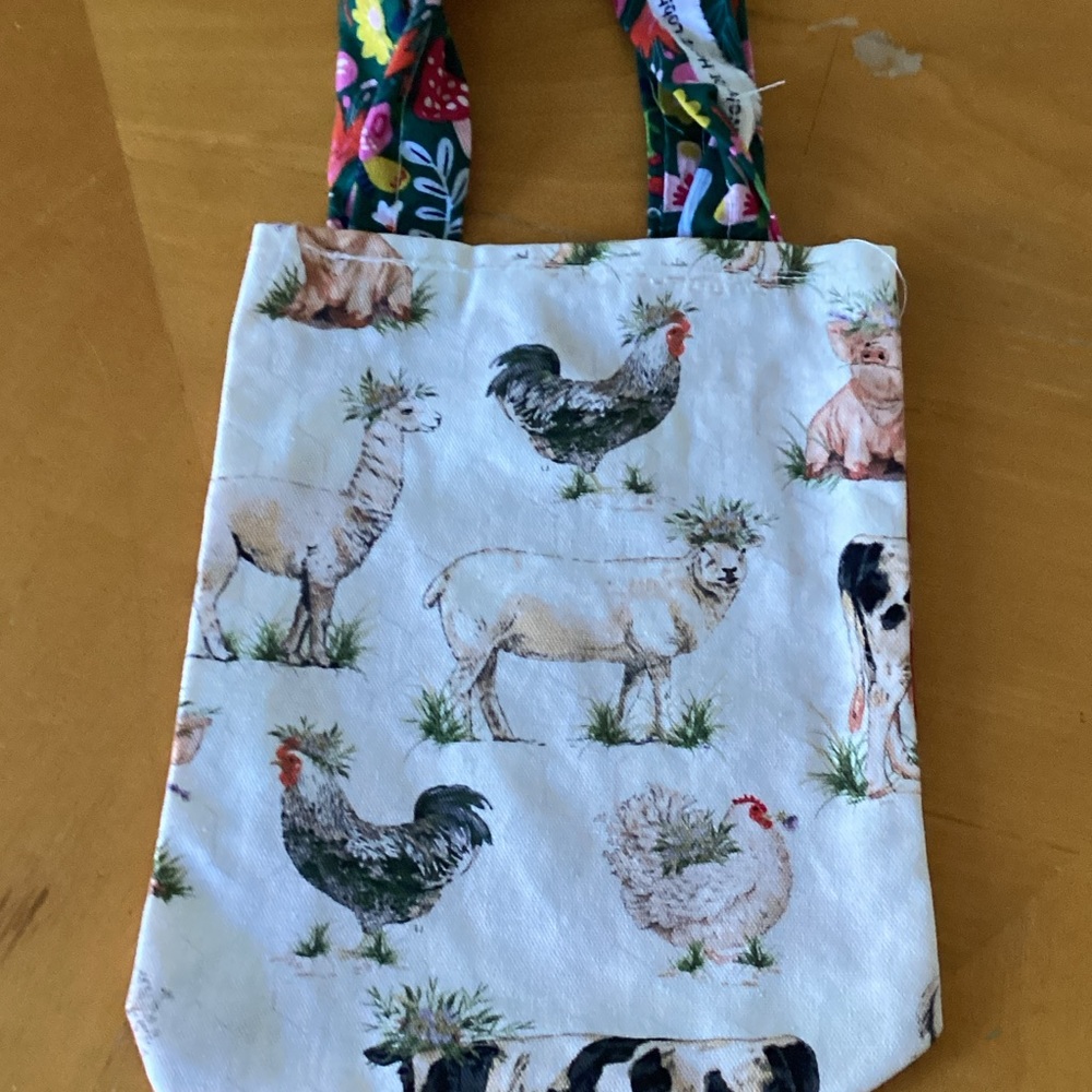 White Farm Animal Print Tote Bag with Floral Handles